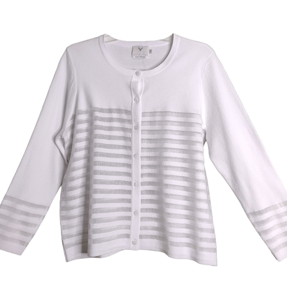 Edinburgh Knitwear white cardigan with sheer stripes XL NWOT